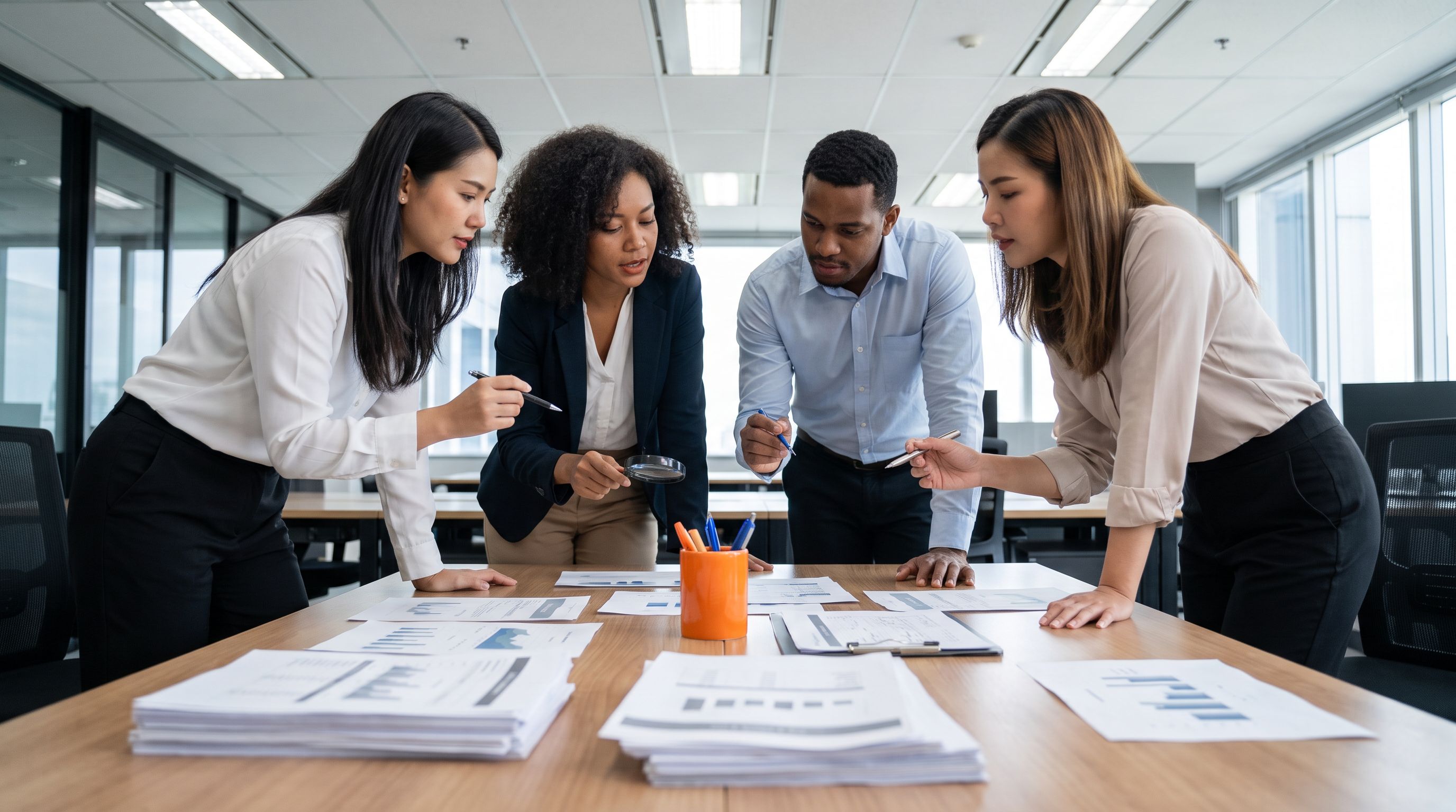 Content marketing team brainstorming around a table