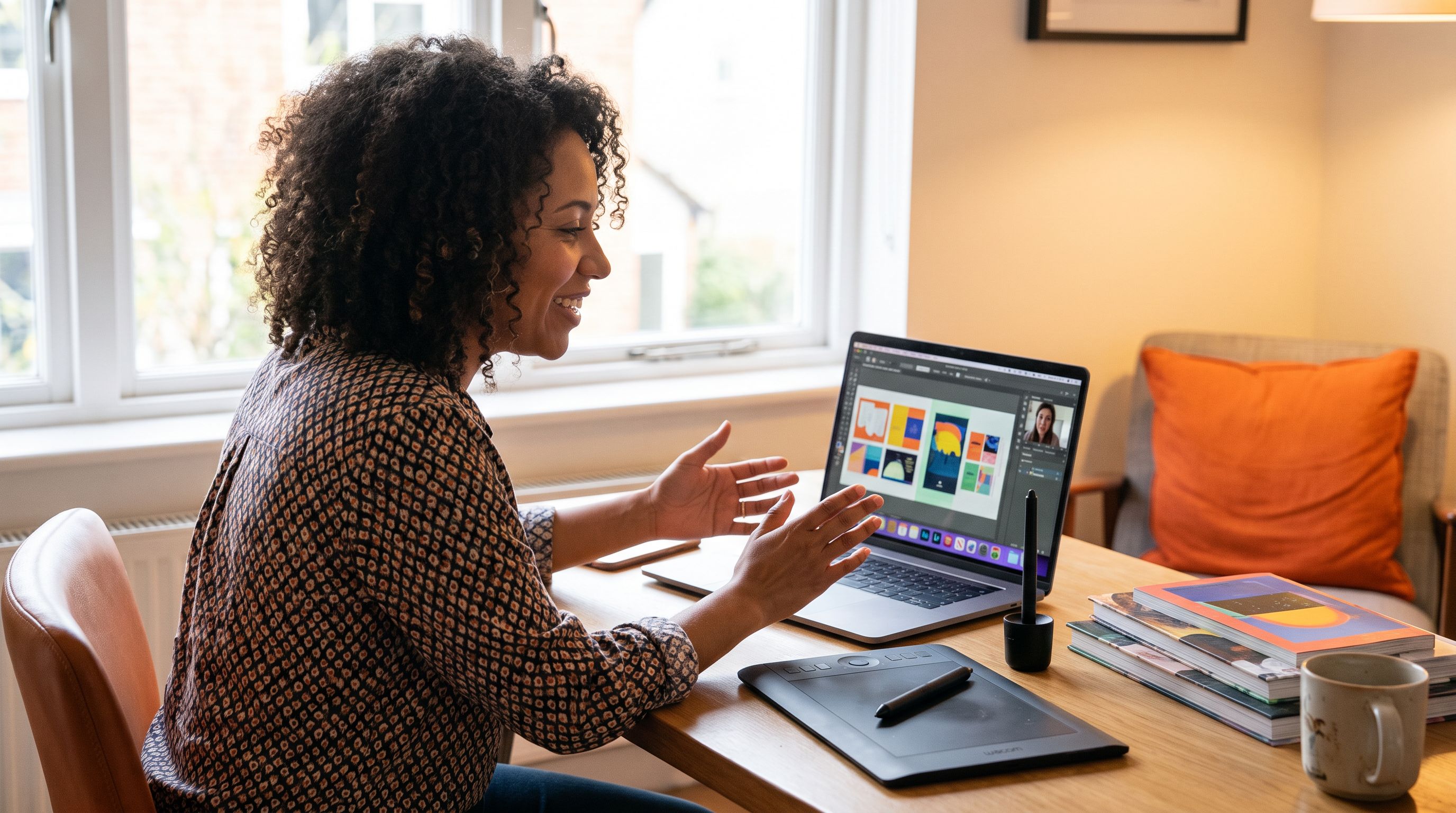 Nearshore graphic designers reviewing brand mockup designs together in modern office