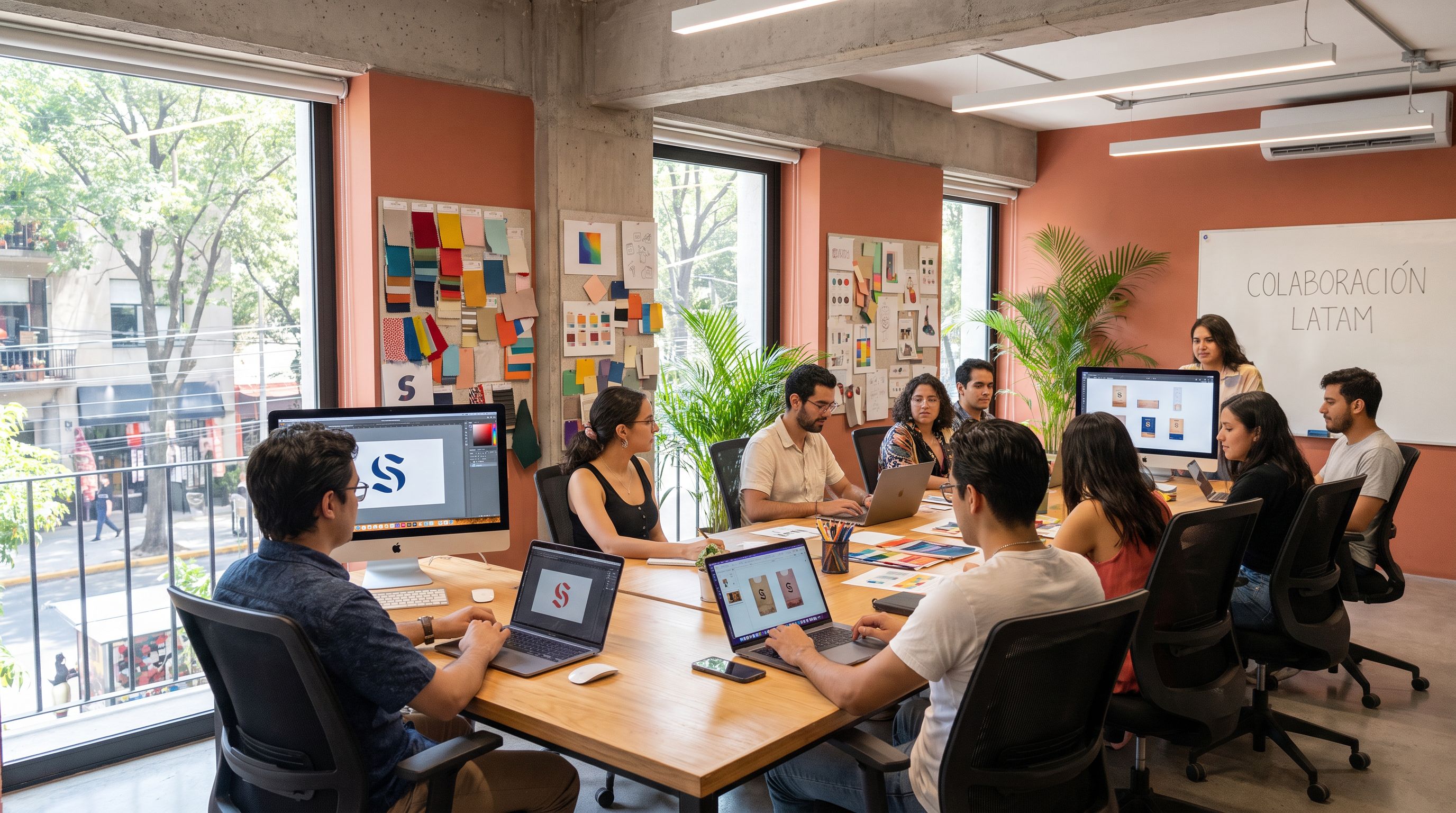 Nearshore graphic design team working together in bright collaborative studio space