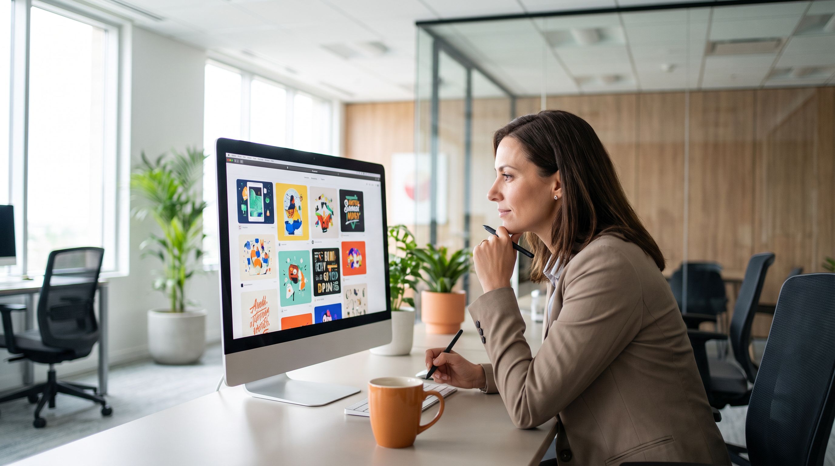 Nearshore graphic designer at workstation reviewing design portfolio on iMac
