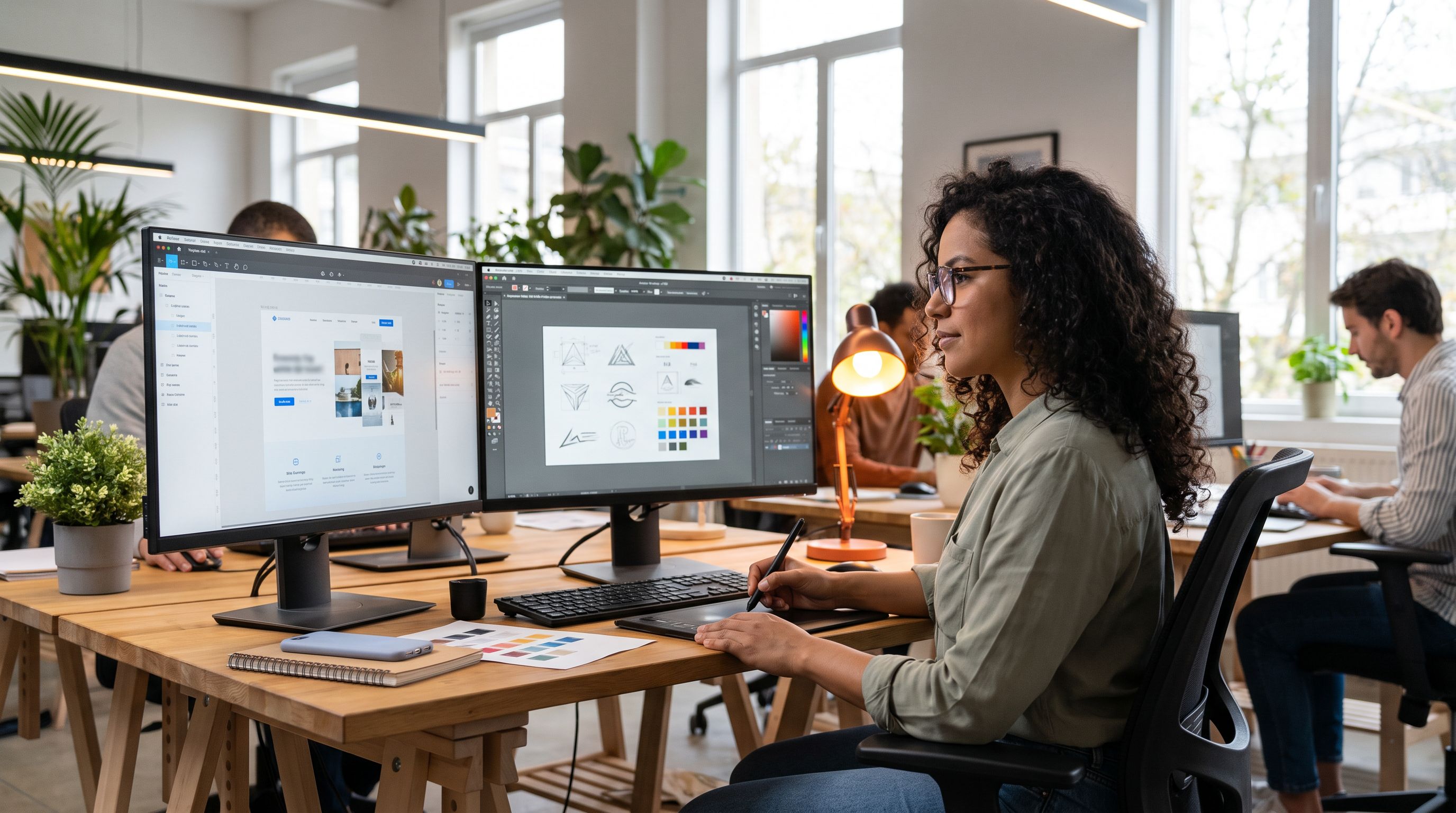 Nearshore graphic designer using design software on dual monitors in creative office