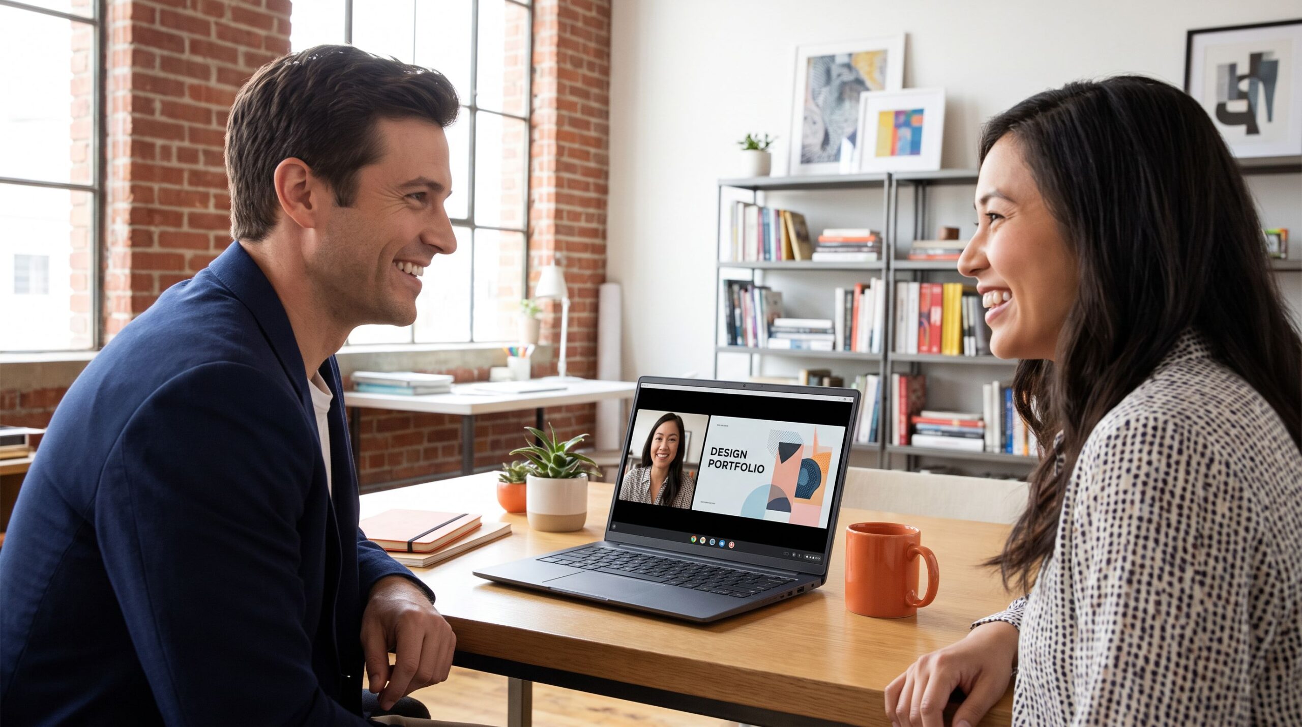 Graphic designer interview via video call showing portfolio to hiring manager