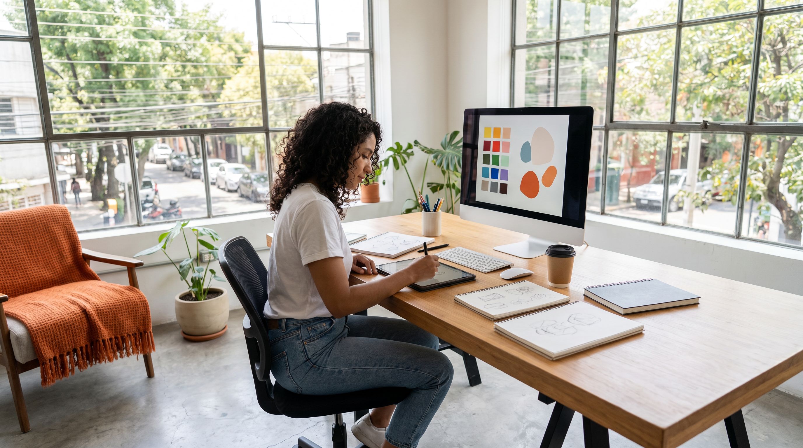 Nearshore graphic designer creating logo and brand identity work at desk