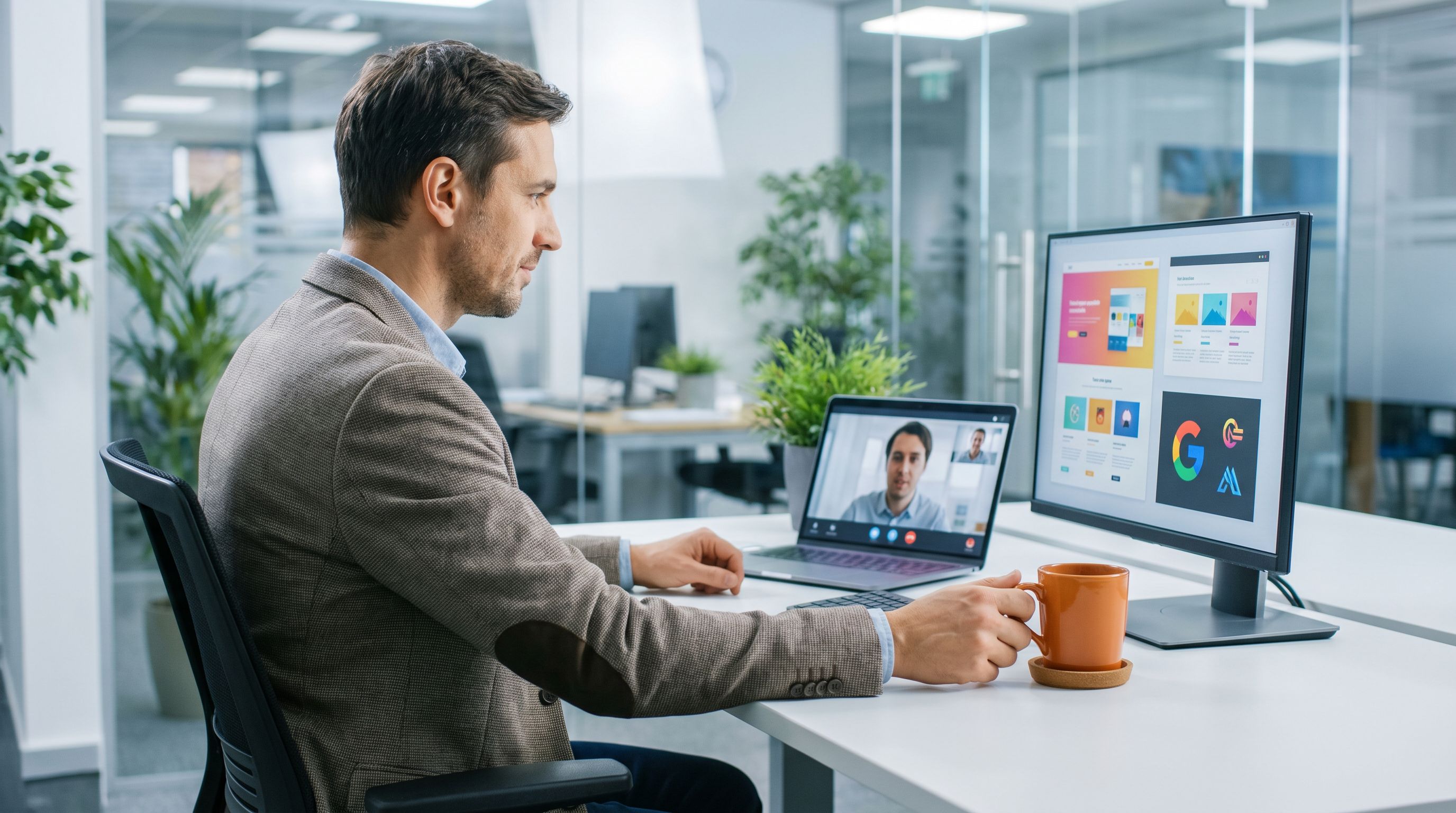 Recruiter reviewing nearshore graphic designer portfolio during video screening