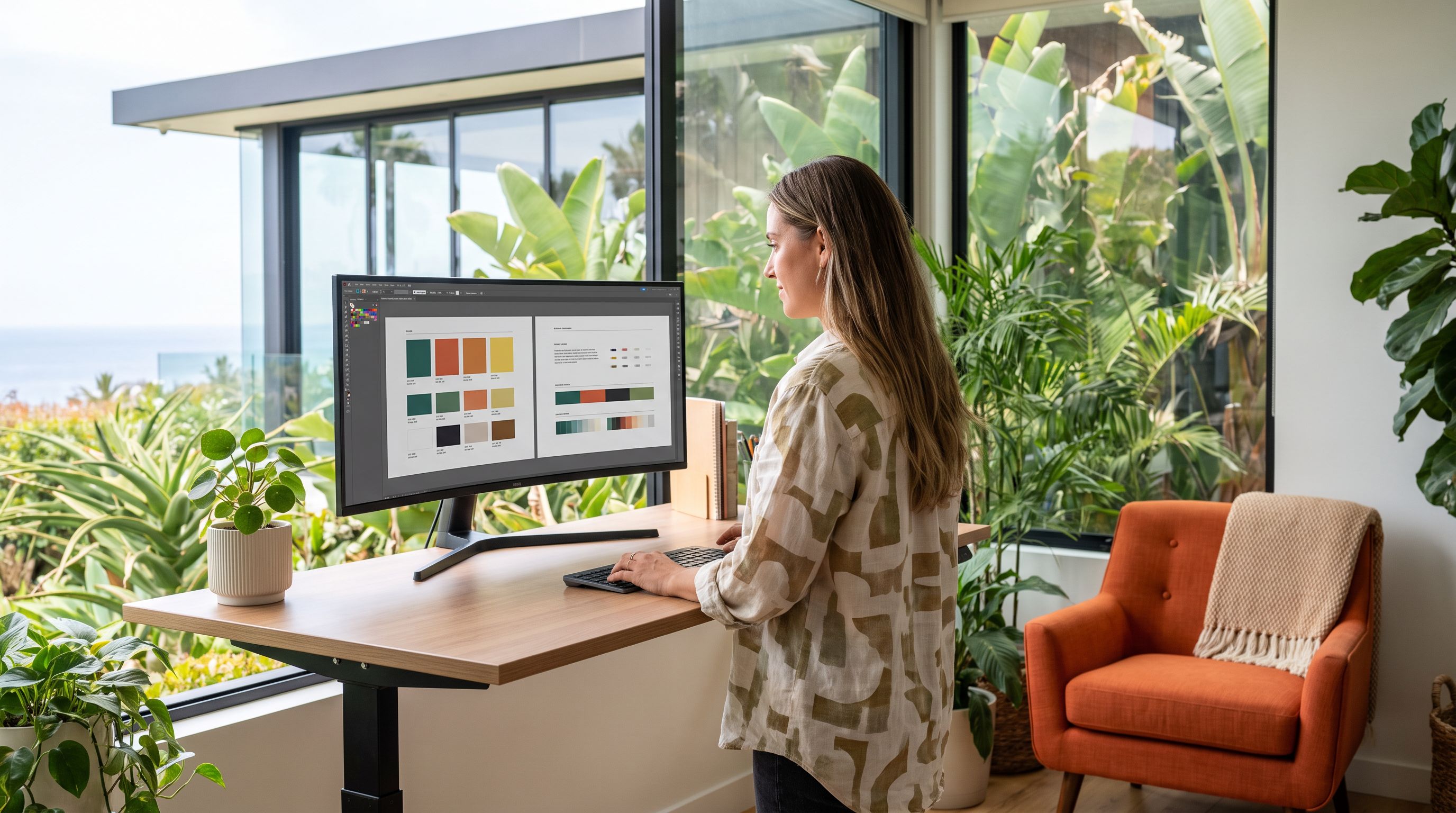 Nearshore graphic design team collaborating at workstations in modern office