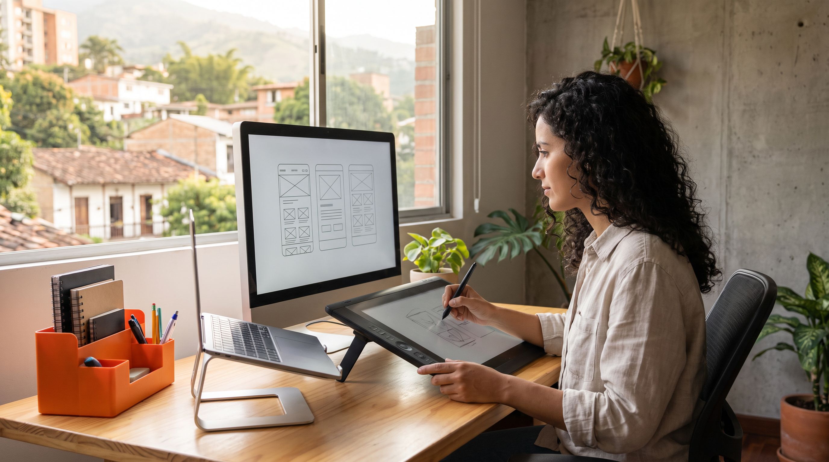 Nearshore UI/UX designer reviewing wireframe sketches on desk with laptop
