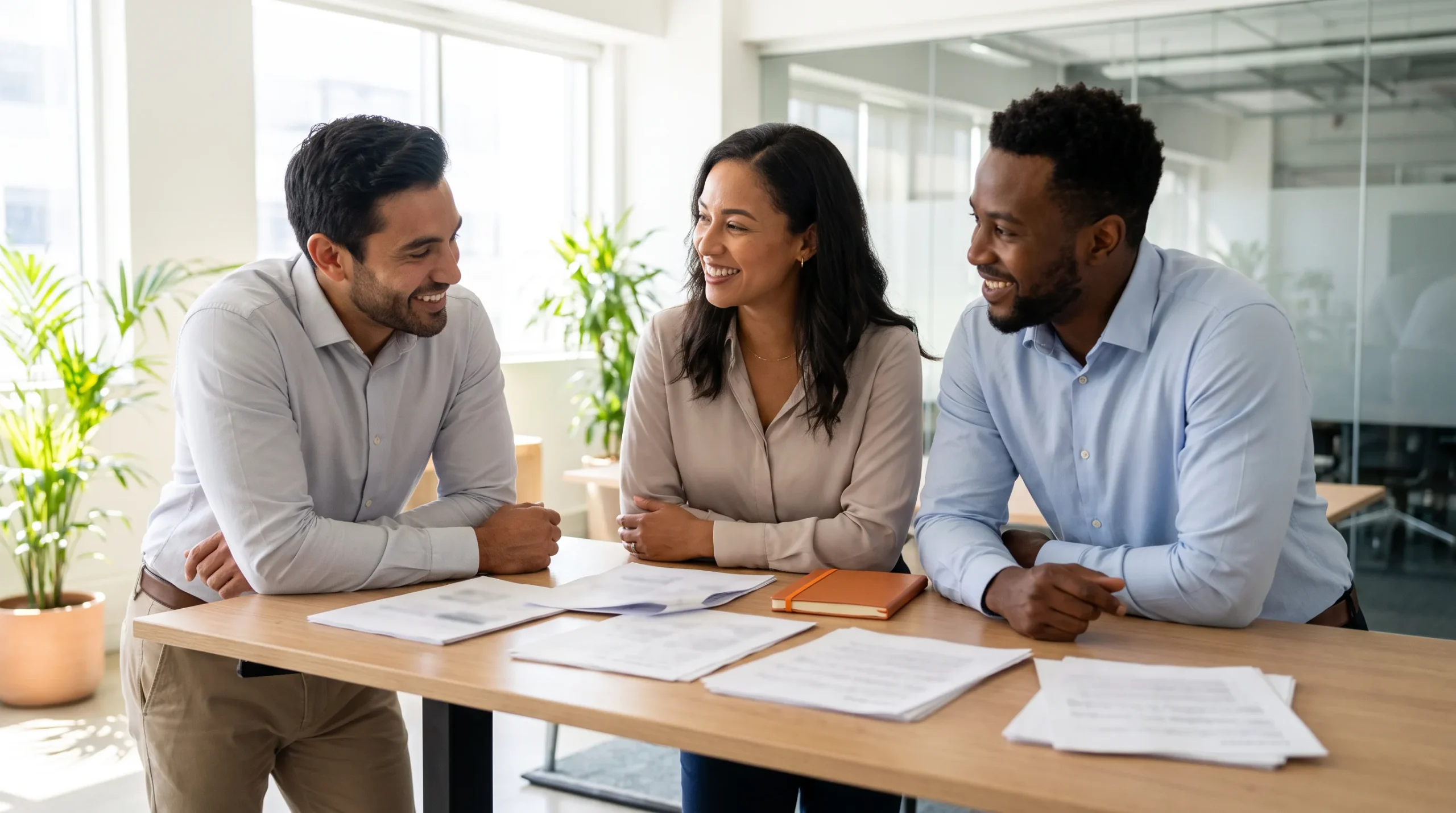 Offshore accounting team reviewing financial reports together