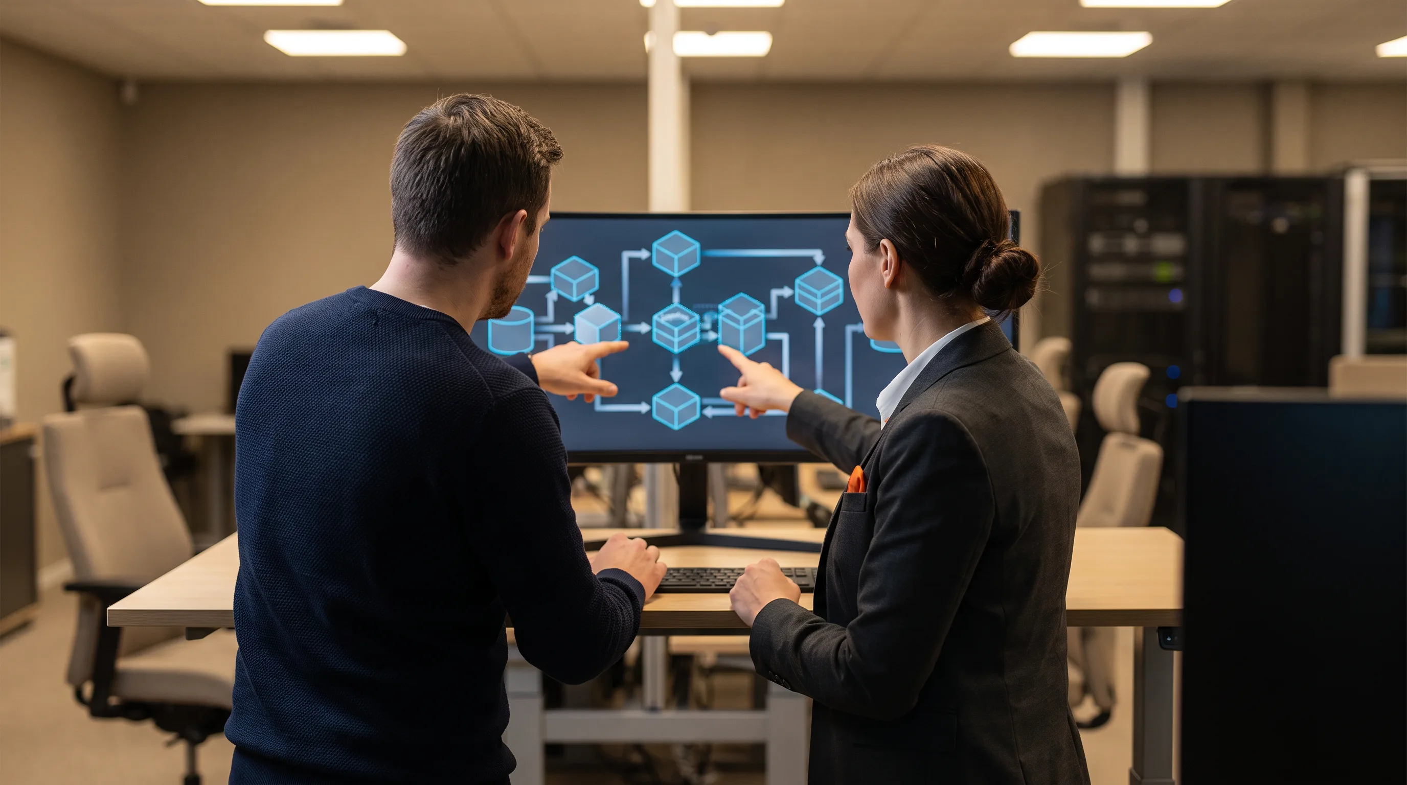 Two IT professionals reviewing a help desk escalation path diagram on a monitor