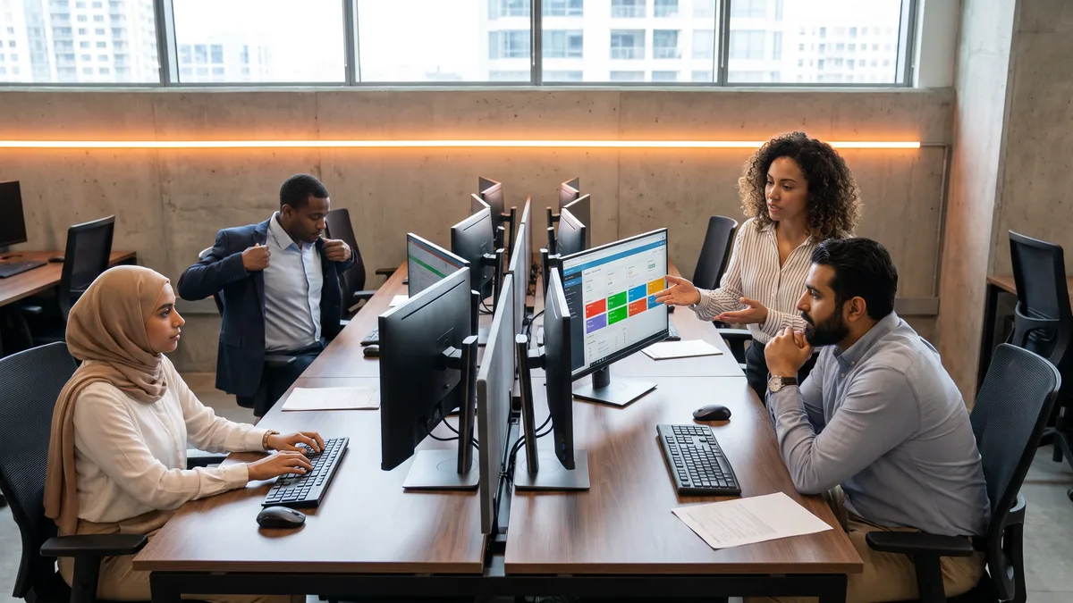 Outsourced help desk team collaborating on tickets across multiple monitors in a modern support center