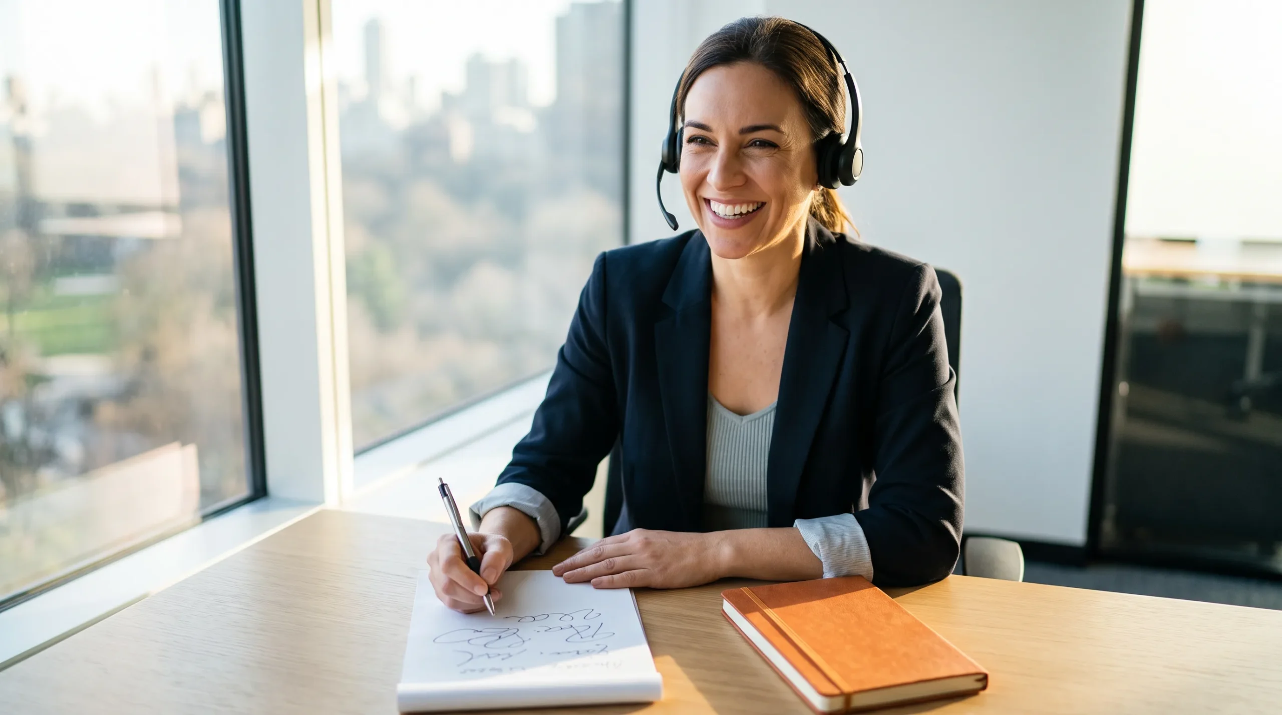 Sales development representative on a targeted outbound call taking notes