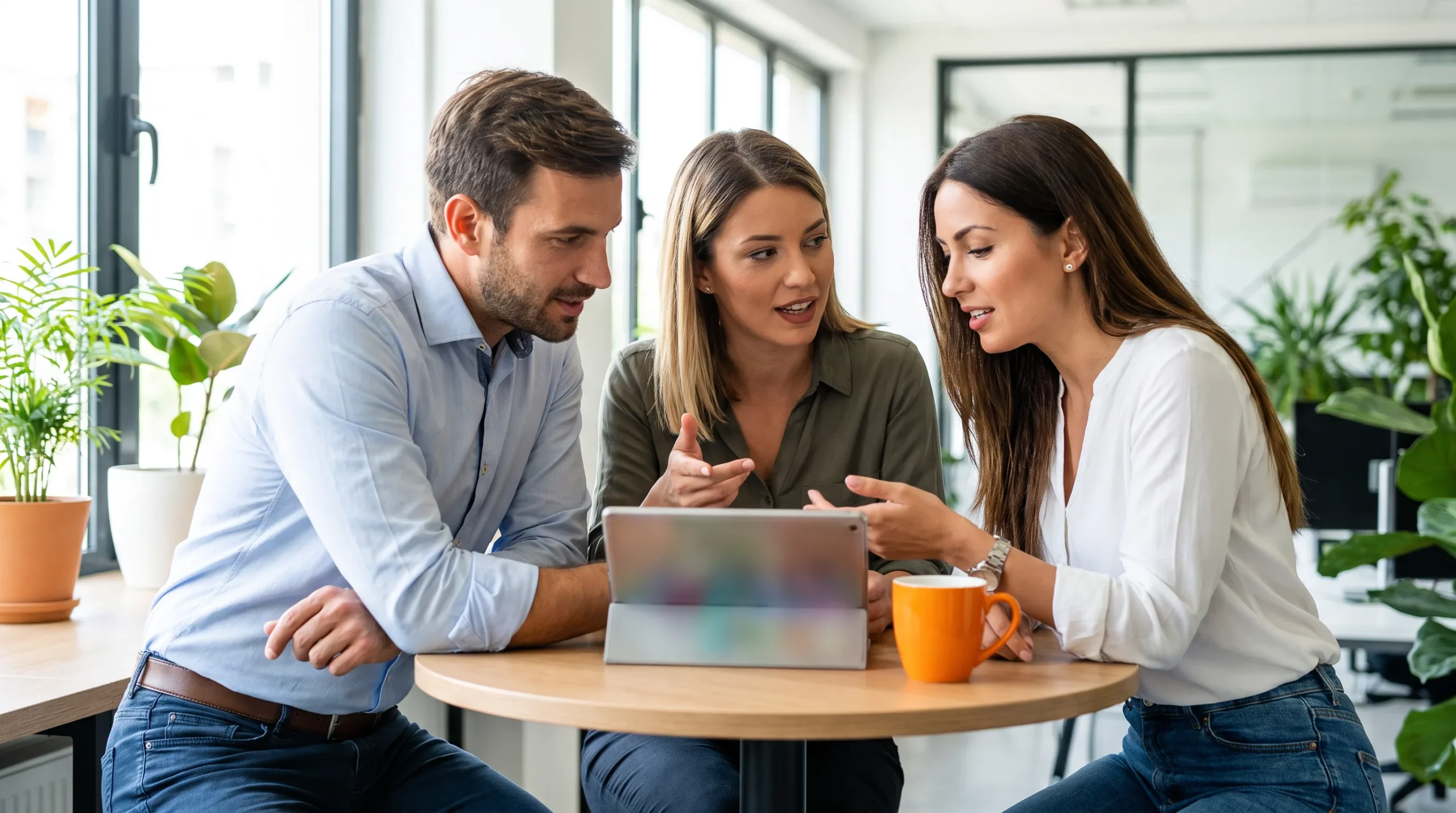 Small sales team huddled together reviewing a hybrid pipeline plan