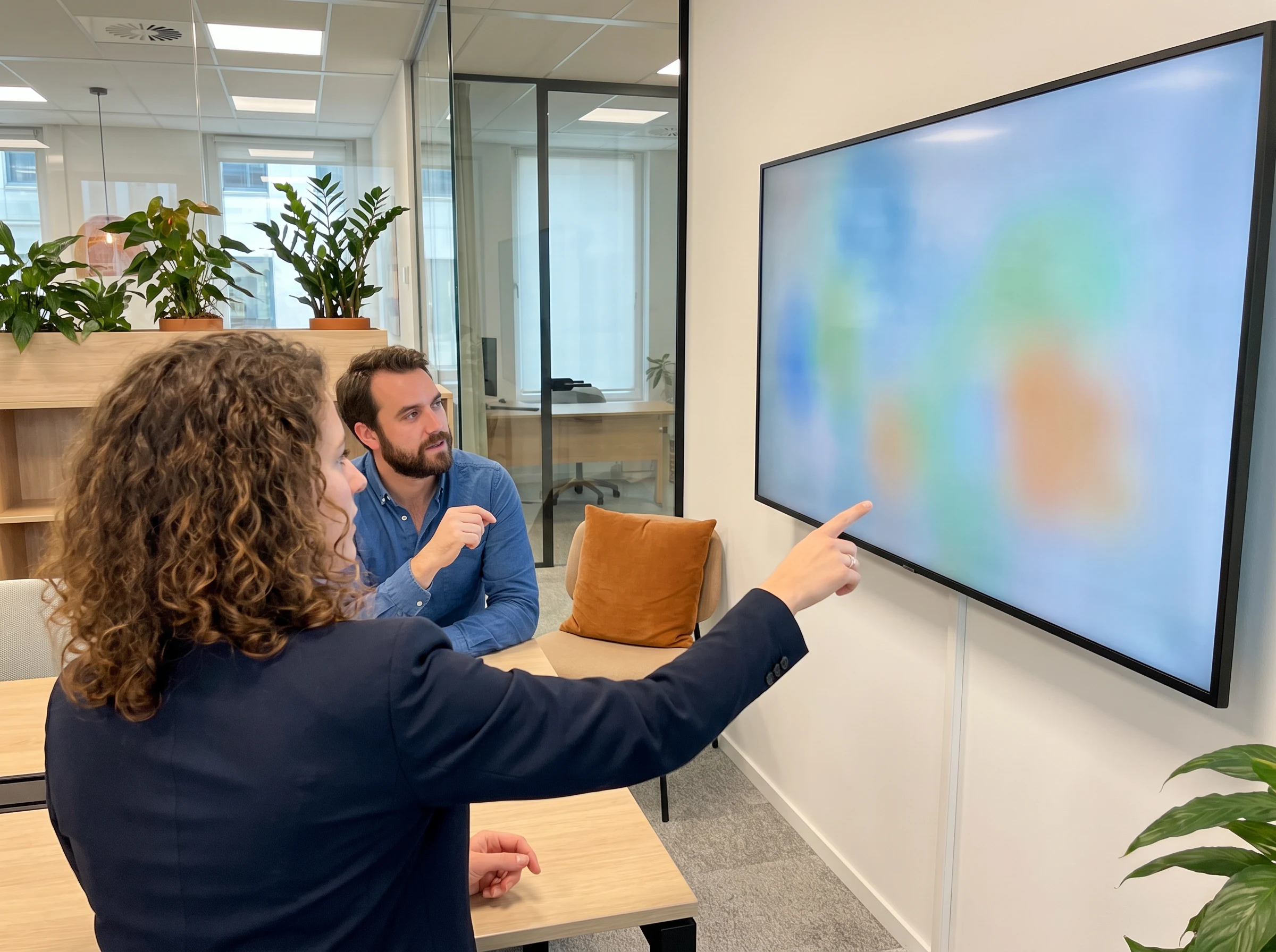 Sales operations manager and colleague reviewing a performance dashboard on a wall monitor