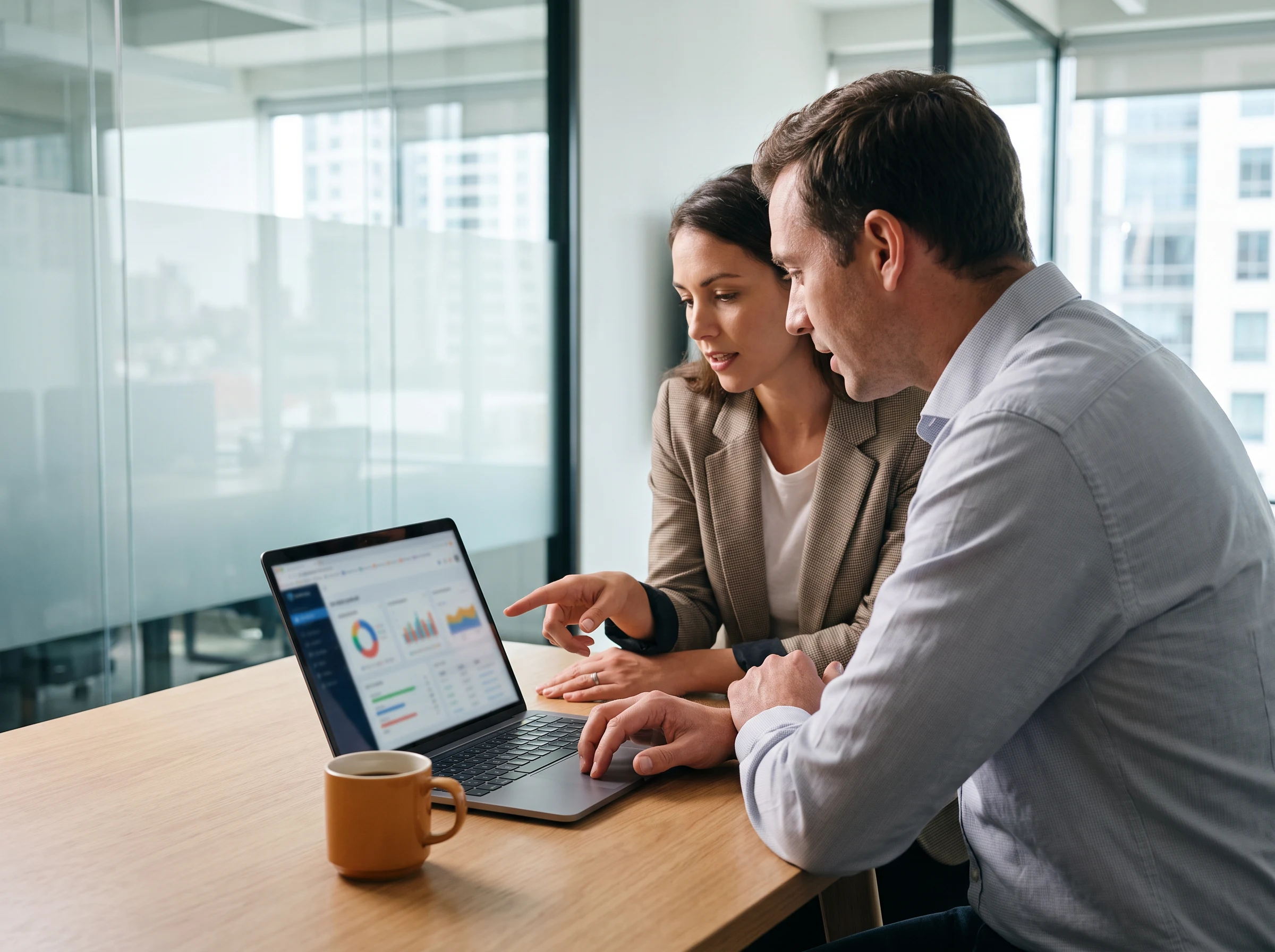 Account manager and sales development rep reviewing a pipeline dashboard on a laptop