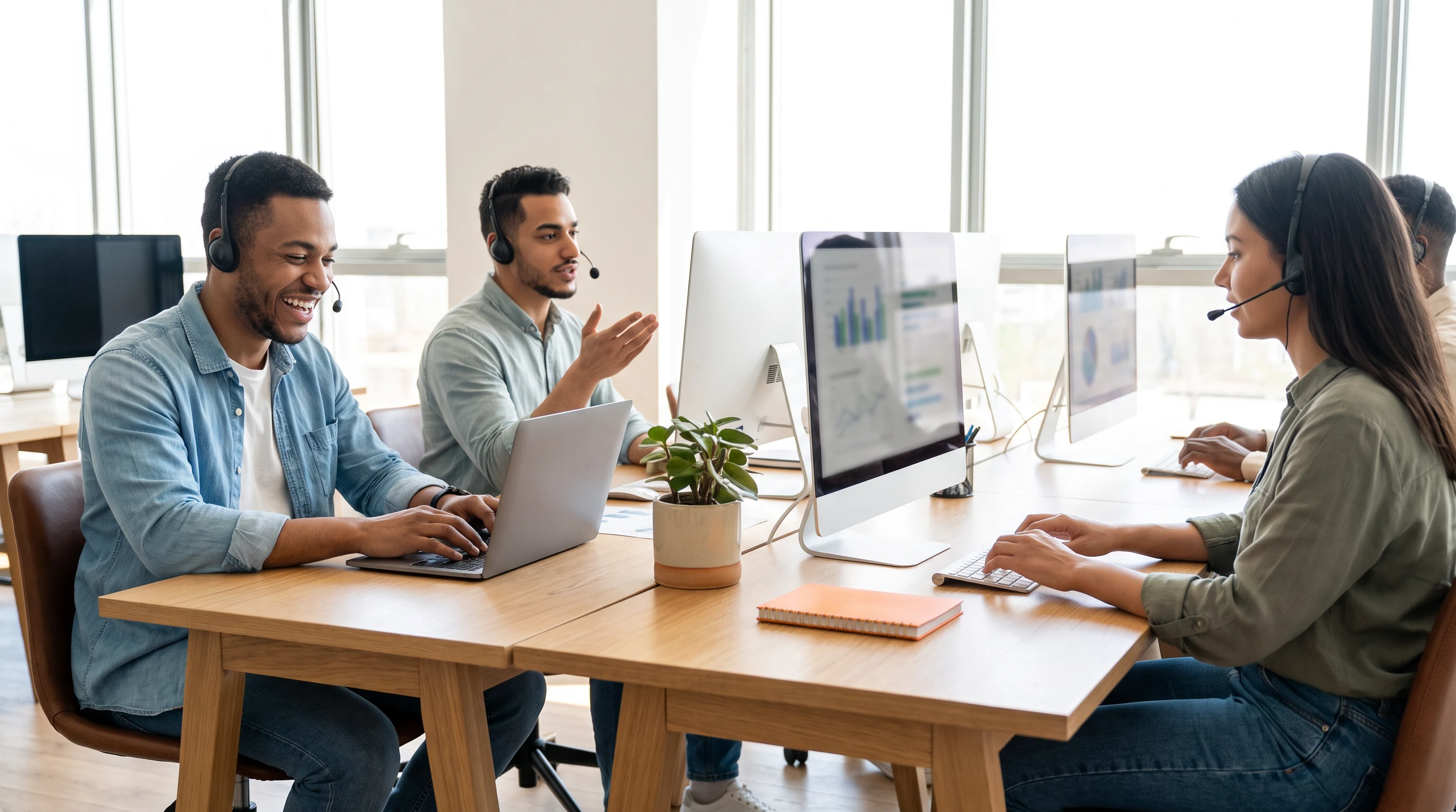 Team of sales development reps working outbound calls at adjacent desks in a bright office