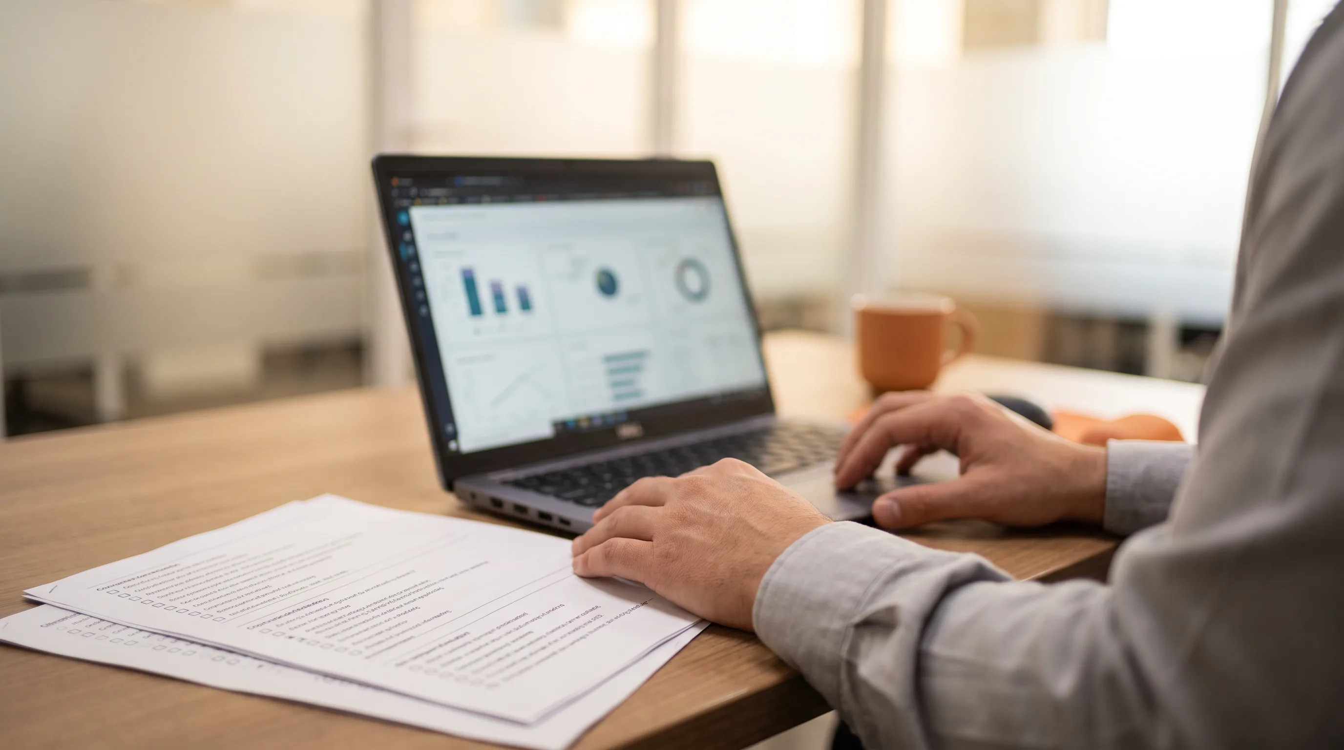 Business operations manager reviewing an outsourced technical support and help desk vendor vetting checklist at an office desk
