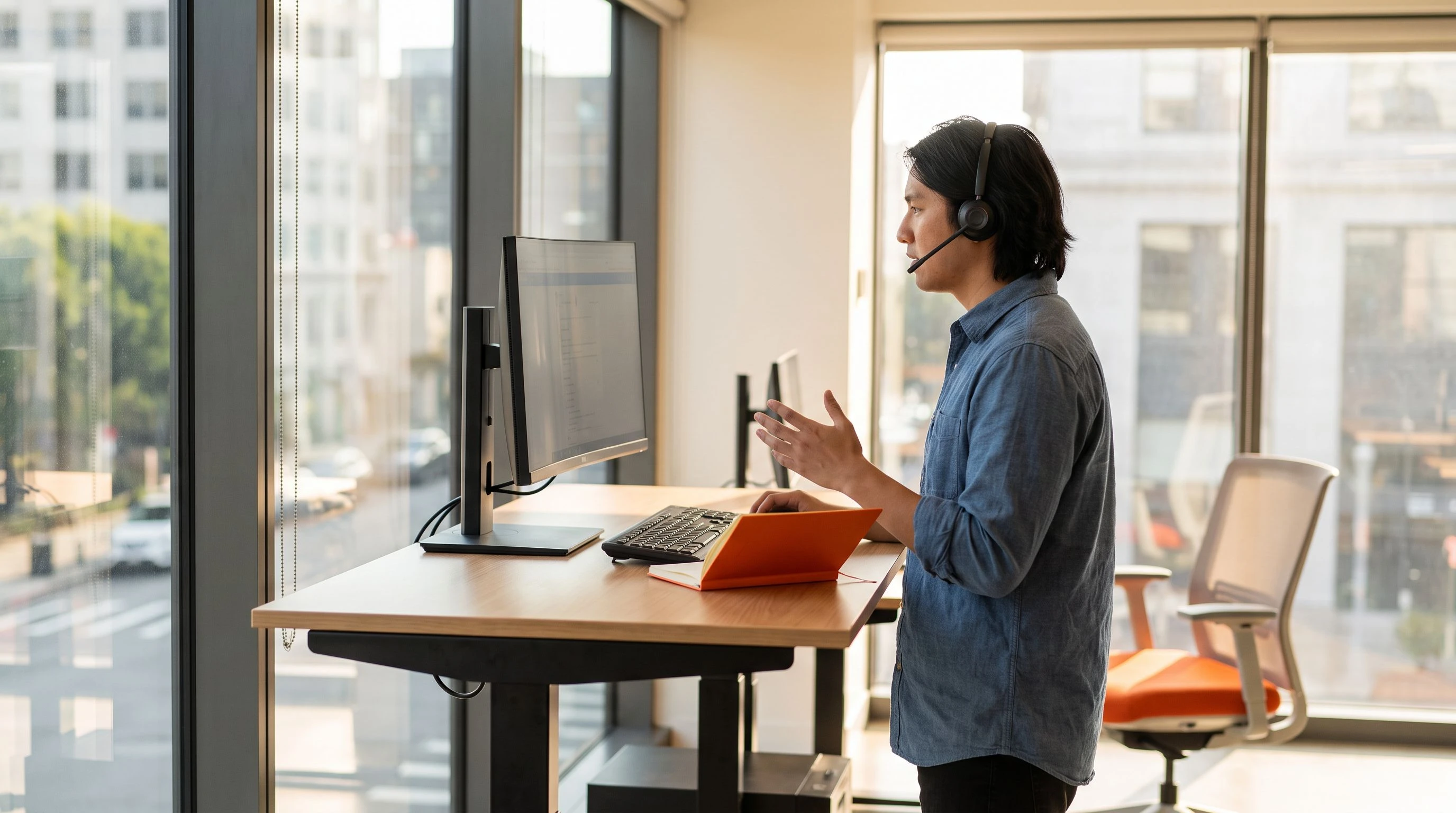 Outsourced sales development rep working outbound calls at a standing desk