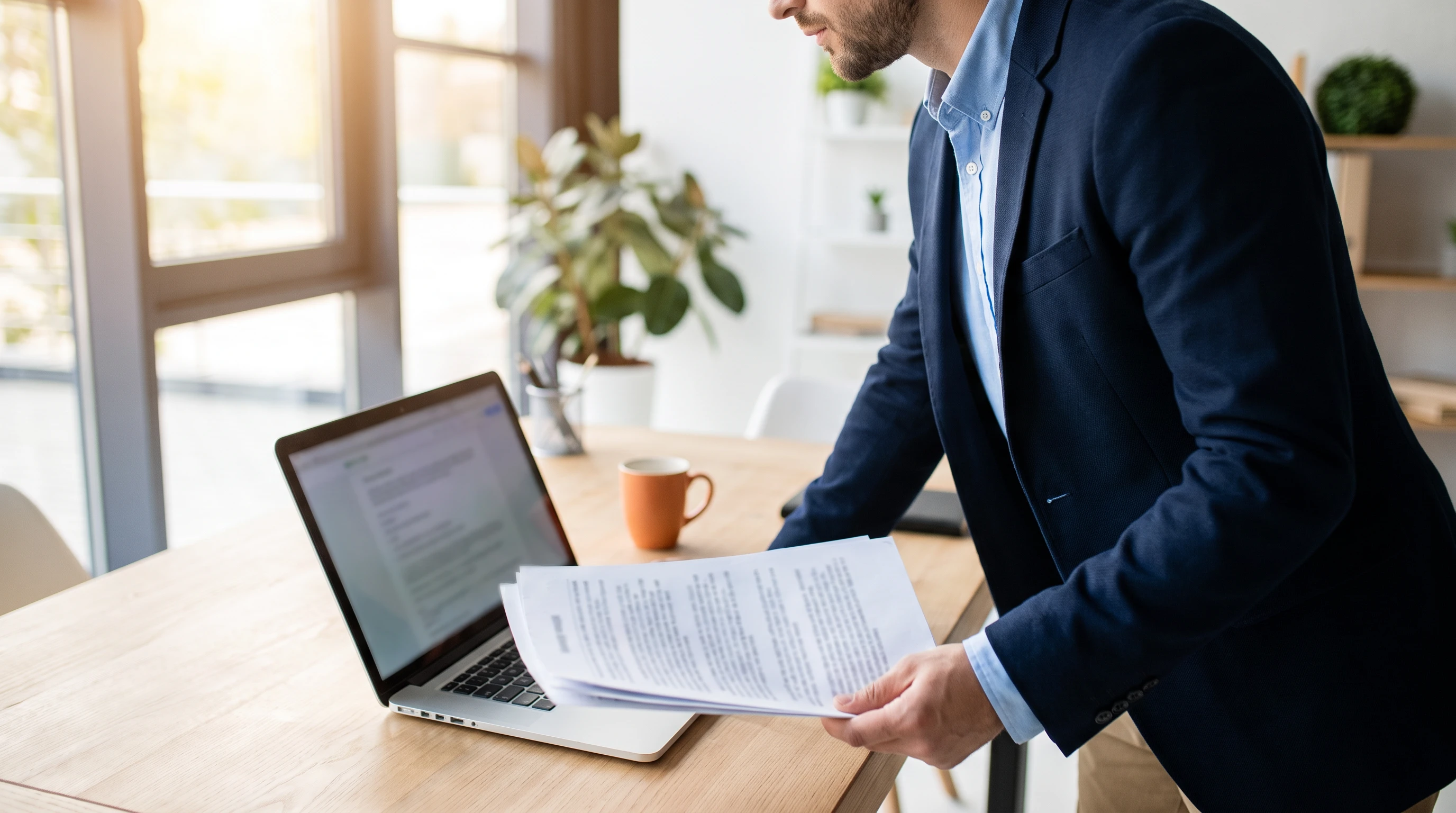 Business professional reviewing an outsourced SDR partner vetting checklist at an office desk