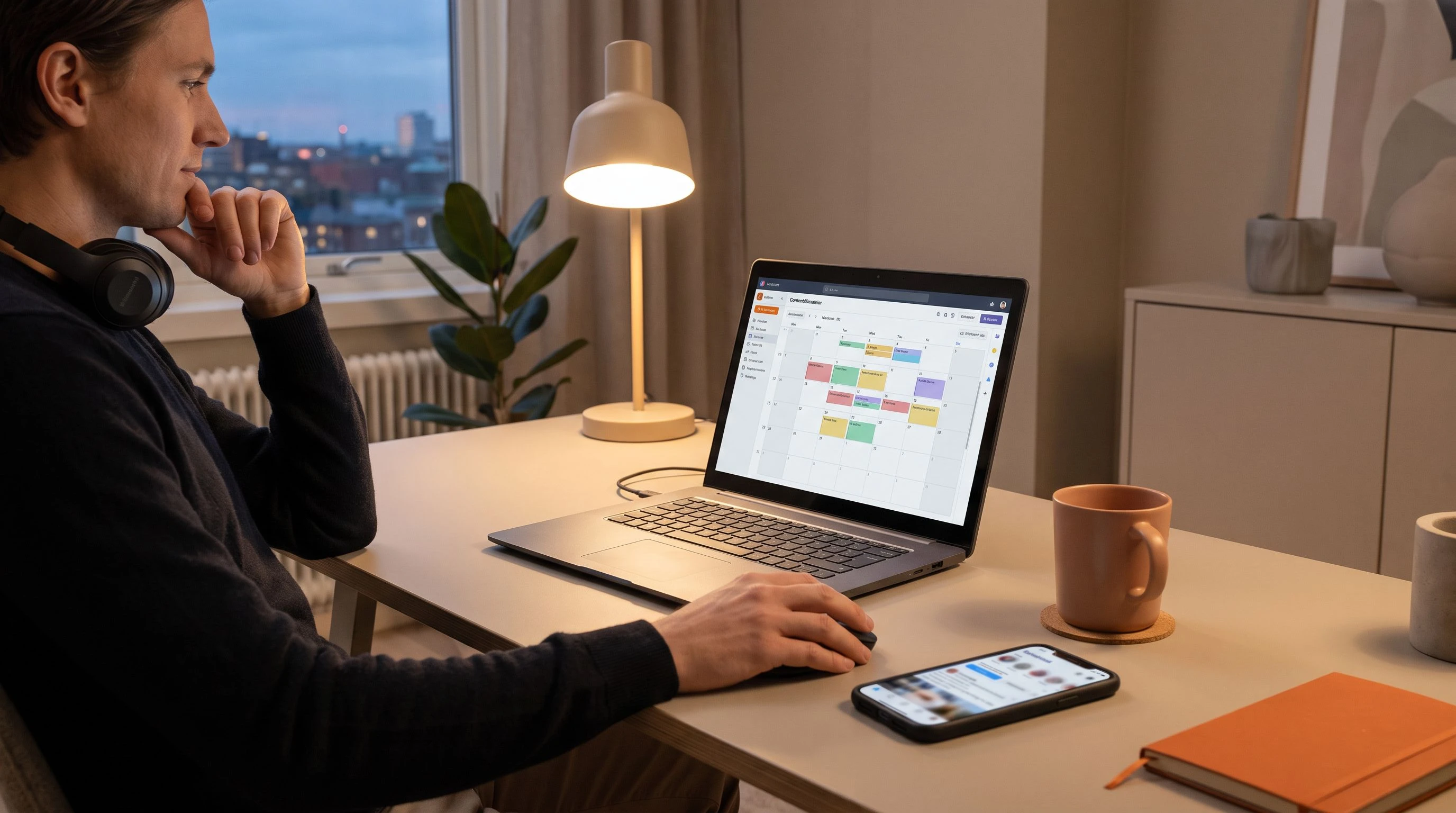 Offshore social media coordinator scheduling posts on a laptop as part of an outsourced social media management team