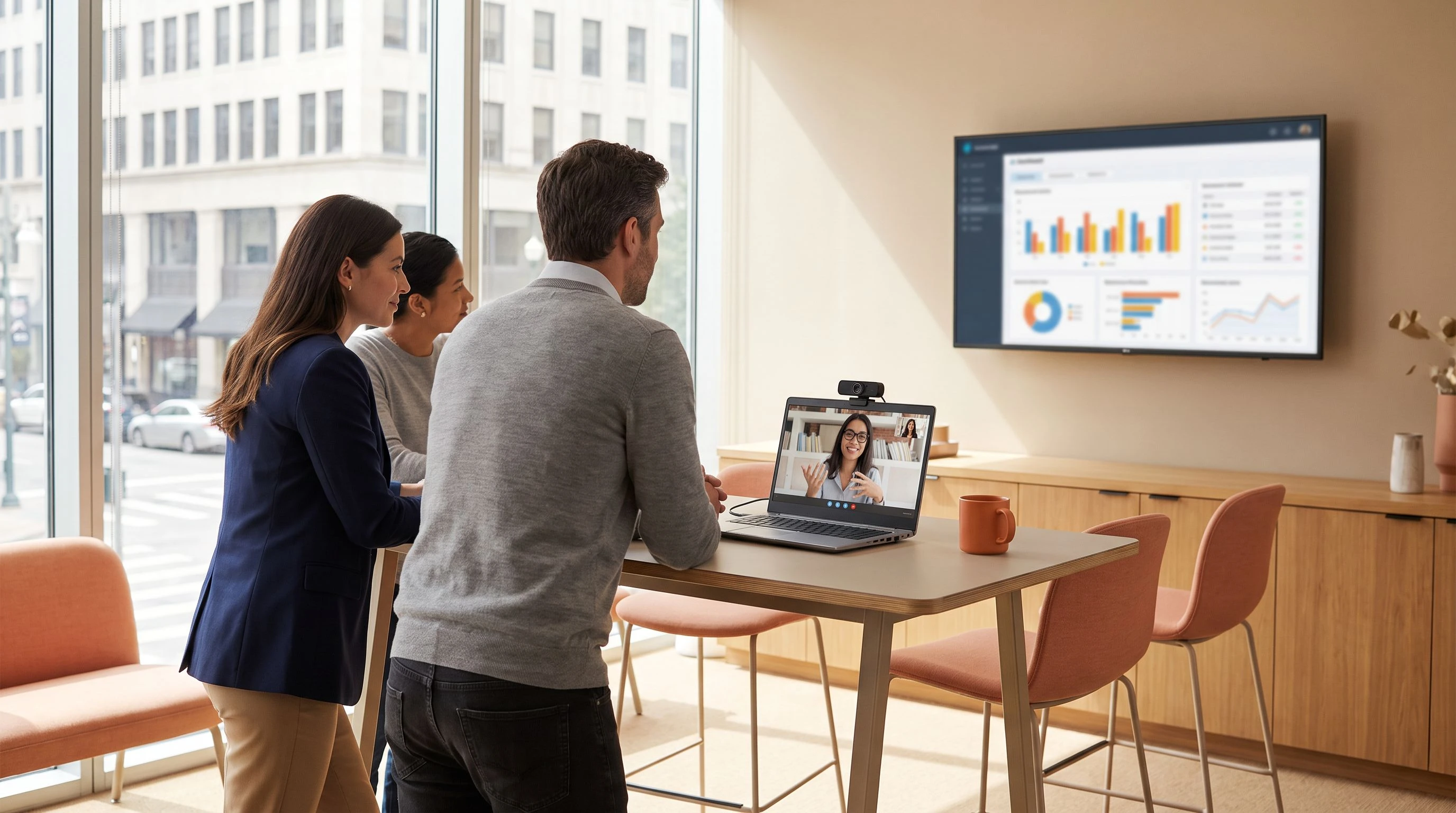 Small marketing team reviewing a social content performance dashboard during a stand-up meeting