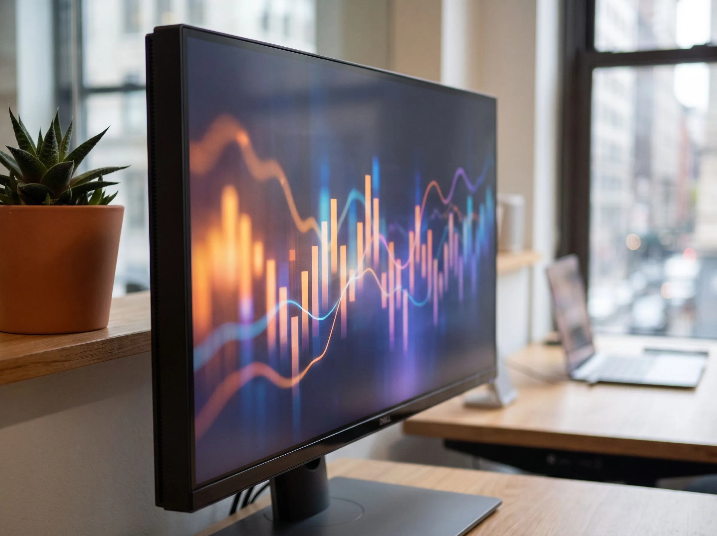 Social media analytics dashboard on a monitor showing engagement graphs, warm orange plant pot on the shelf