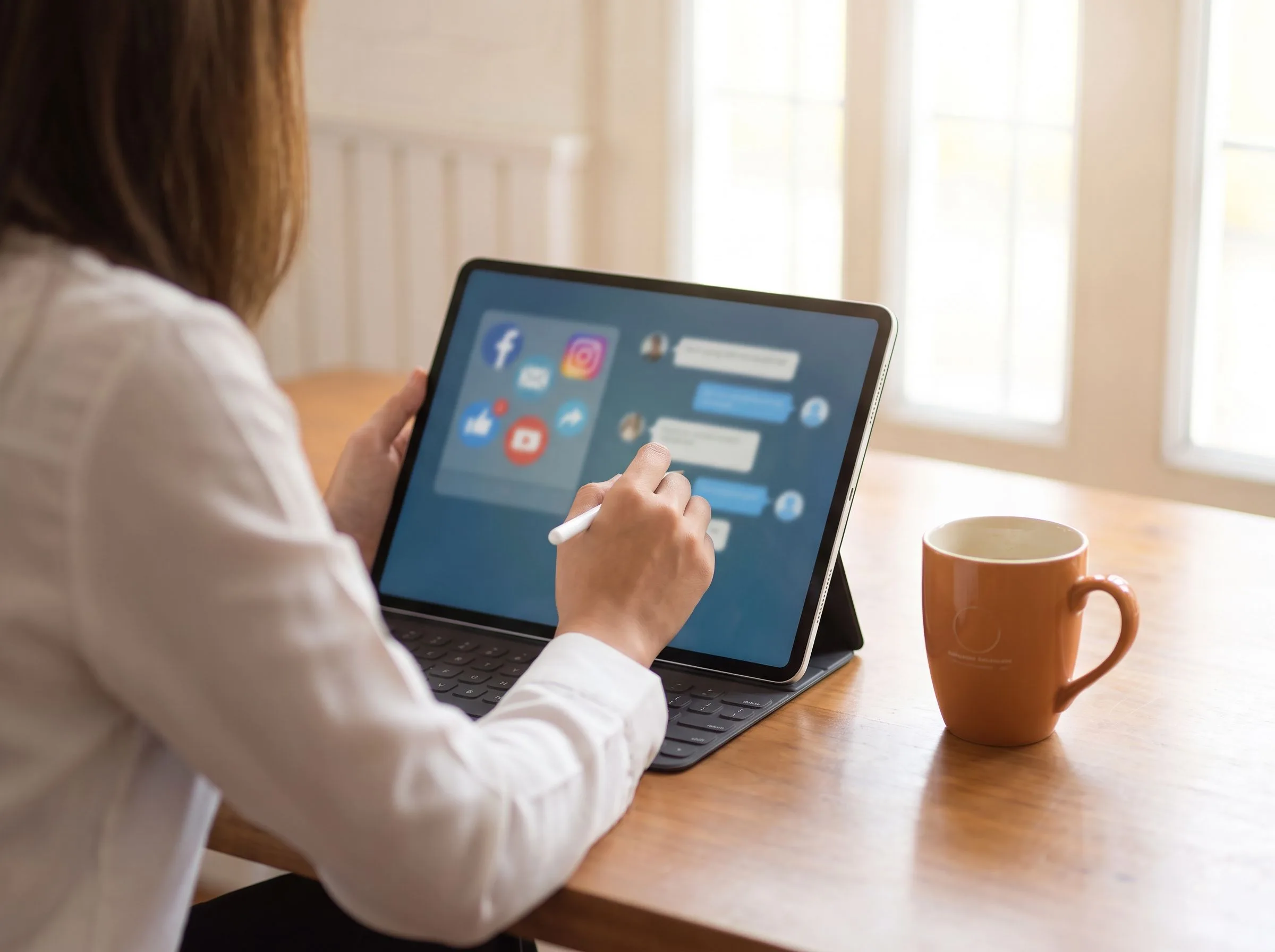 Social media manager responding to comments and messages on a tablet, warm orange mug on the desk
