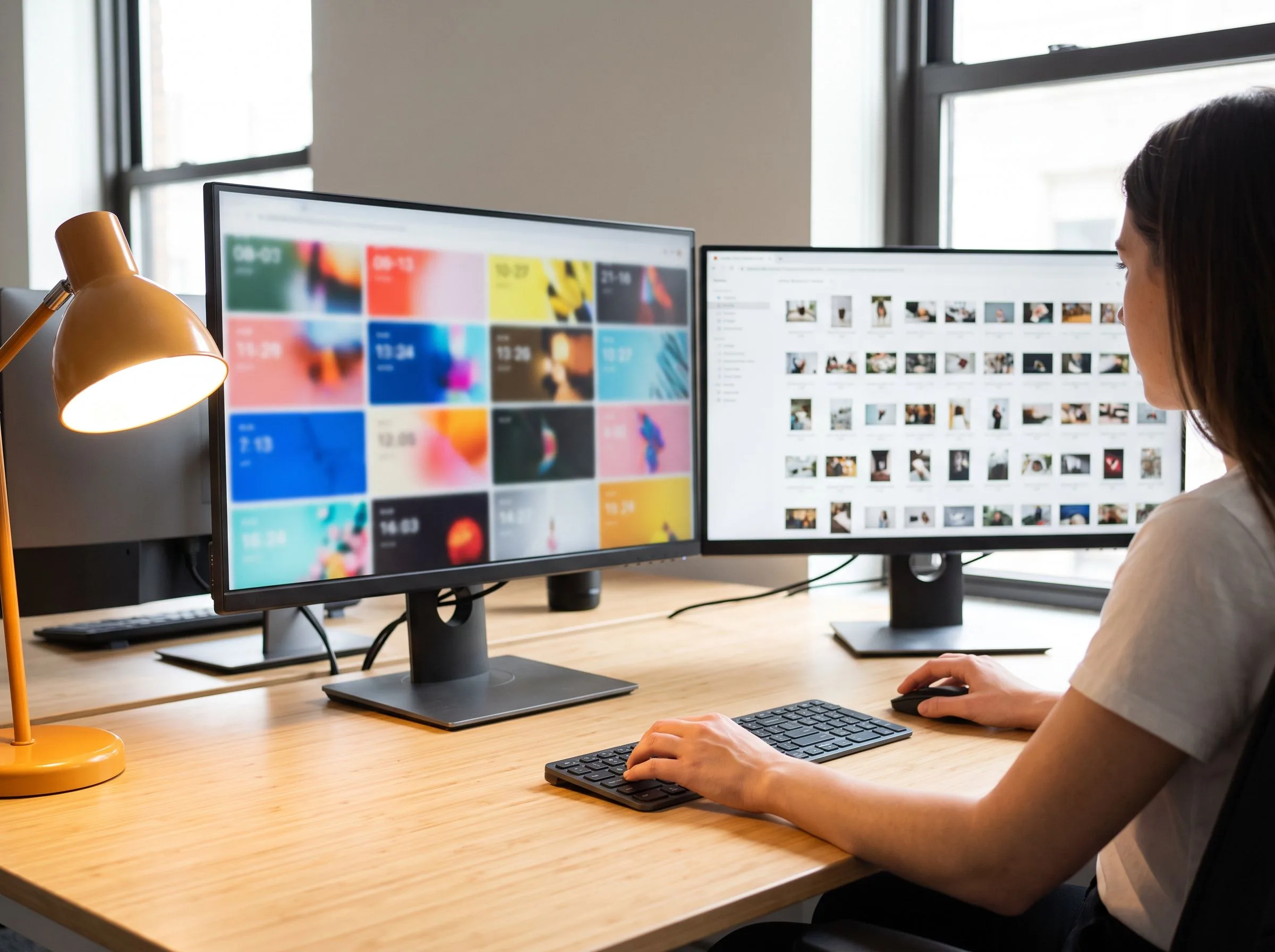 Outsourced social media manager planning a content calendar on dual monitors, warm orange desk lamp accent