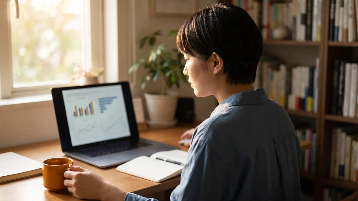 business owner reviewing monthly social media performance report on laptop