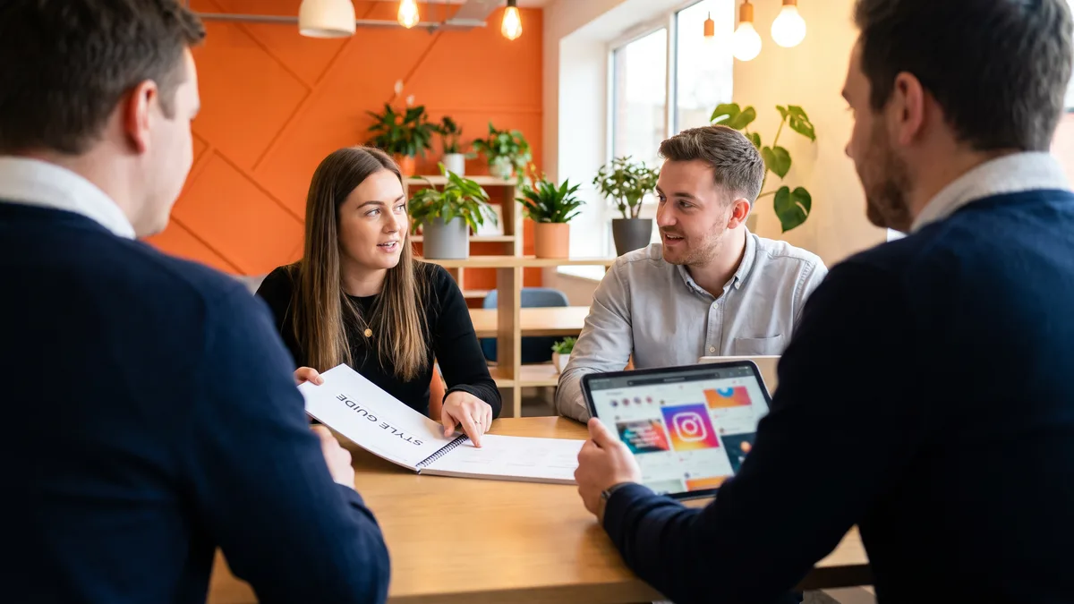 small marketing team reviewing brand style guide and social content mockups together