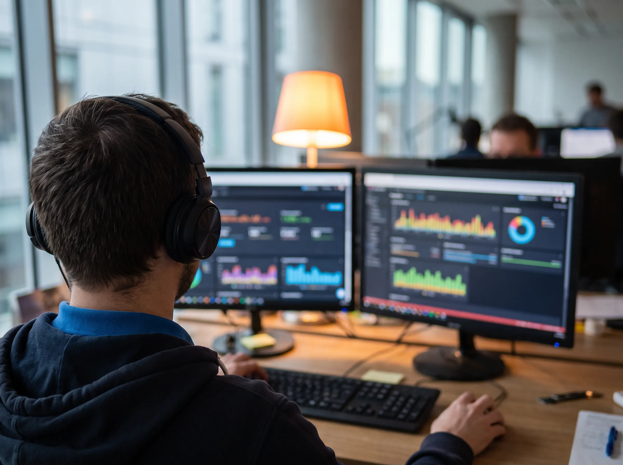 Technical support agent troubleshooting a help desk ticket on dual monitors, warm orange desk lamp accent