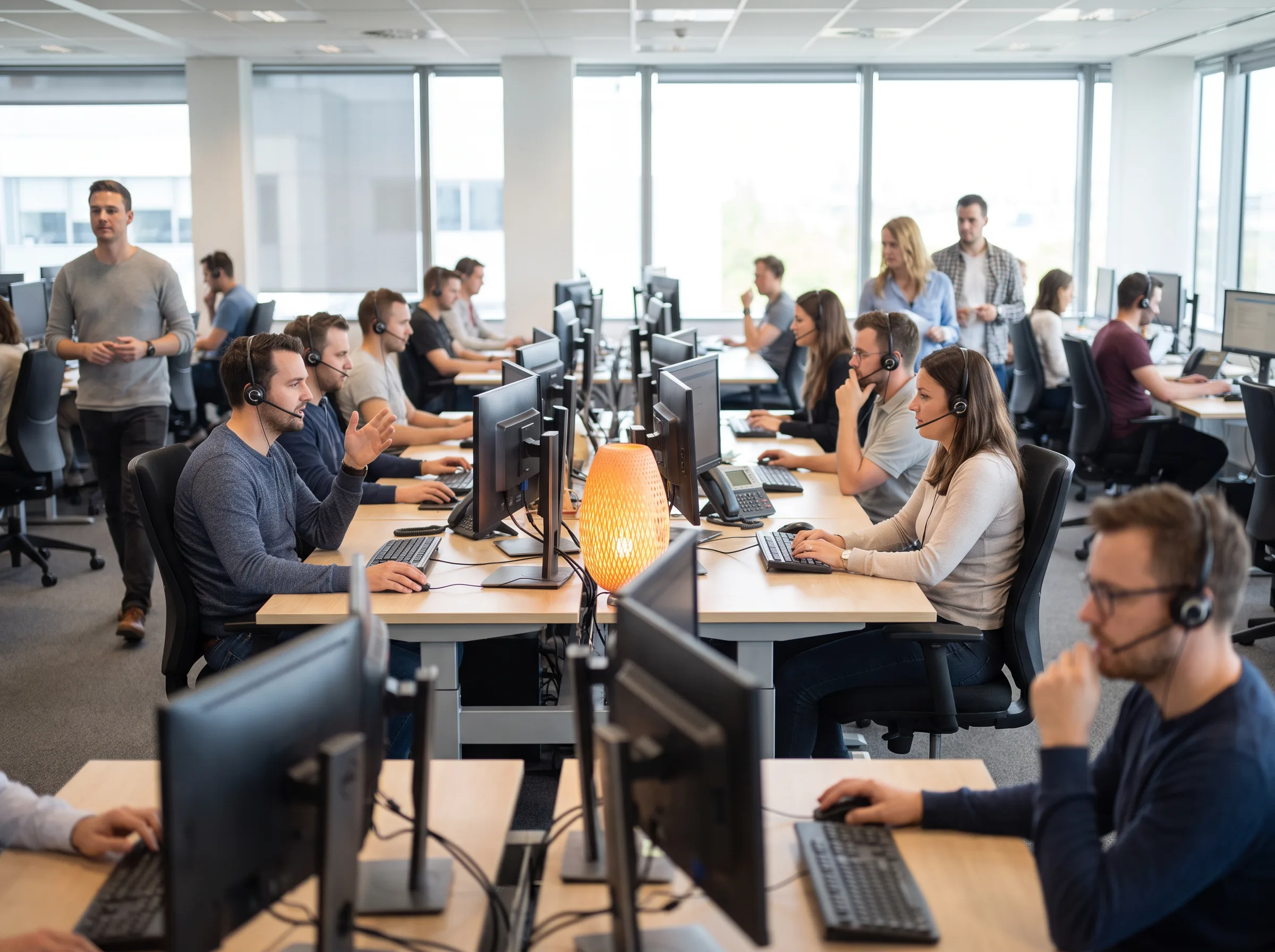 Help desk operations floor with tiered support agents working ticketing software on dual monitors