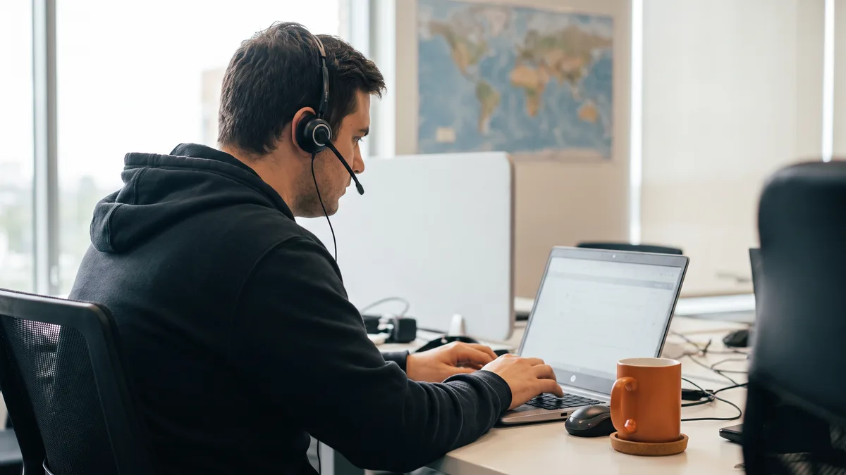 Technical support engineer wearing a headset troubleshooting a ticket at a help desk workstation
