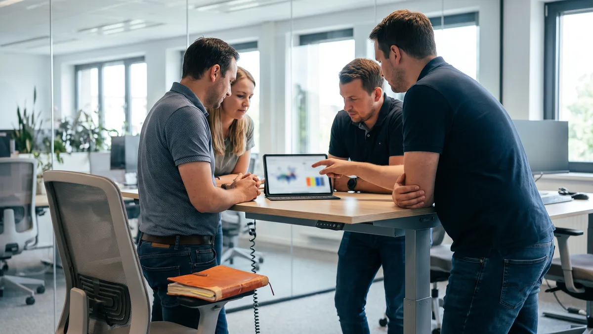 Small IT support team reviewing a pricing breakdown together in an open-plan office