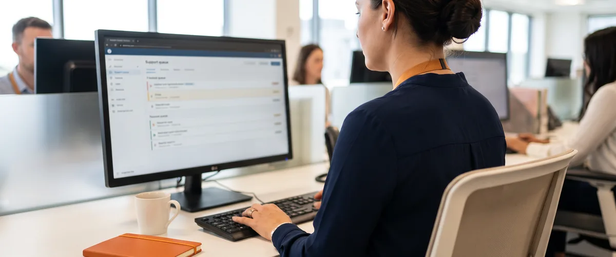 Help desk supervisor reviewing a tiered support queue, representing outsourced technical support and help desk pricing