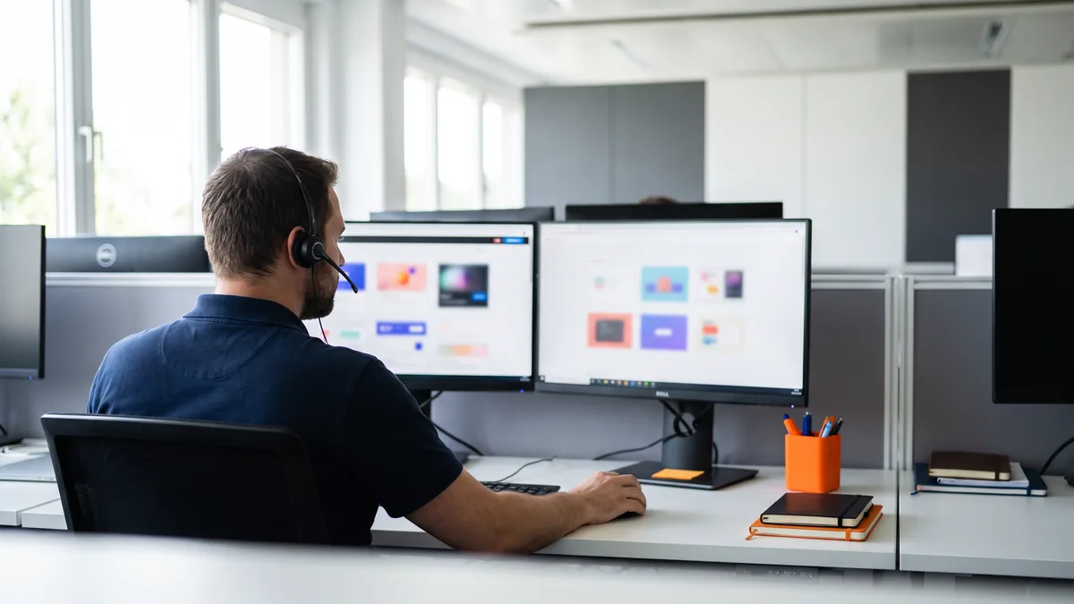Offshore technical support agent reviewing help desk tickets at a dual-monitor workstation