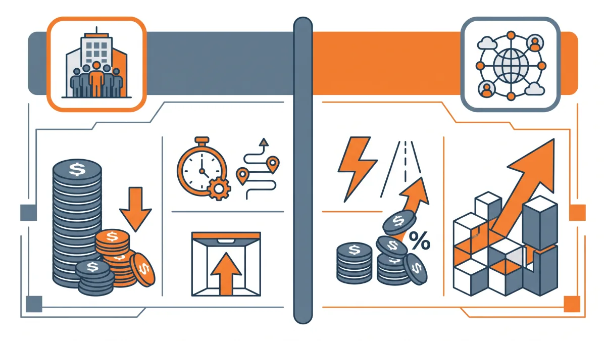 infographic style visual comparing in-house and outsourced social media management across cost, speed, and scalability