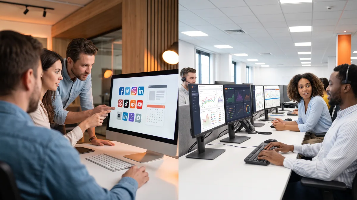 split comparison of an in-house marketing team and an outsourced social media management team working in modern offices