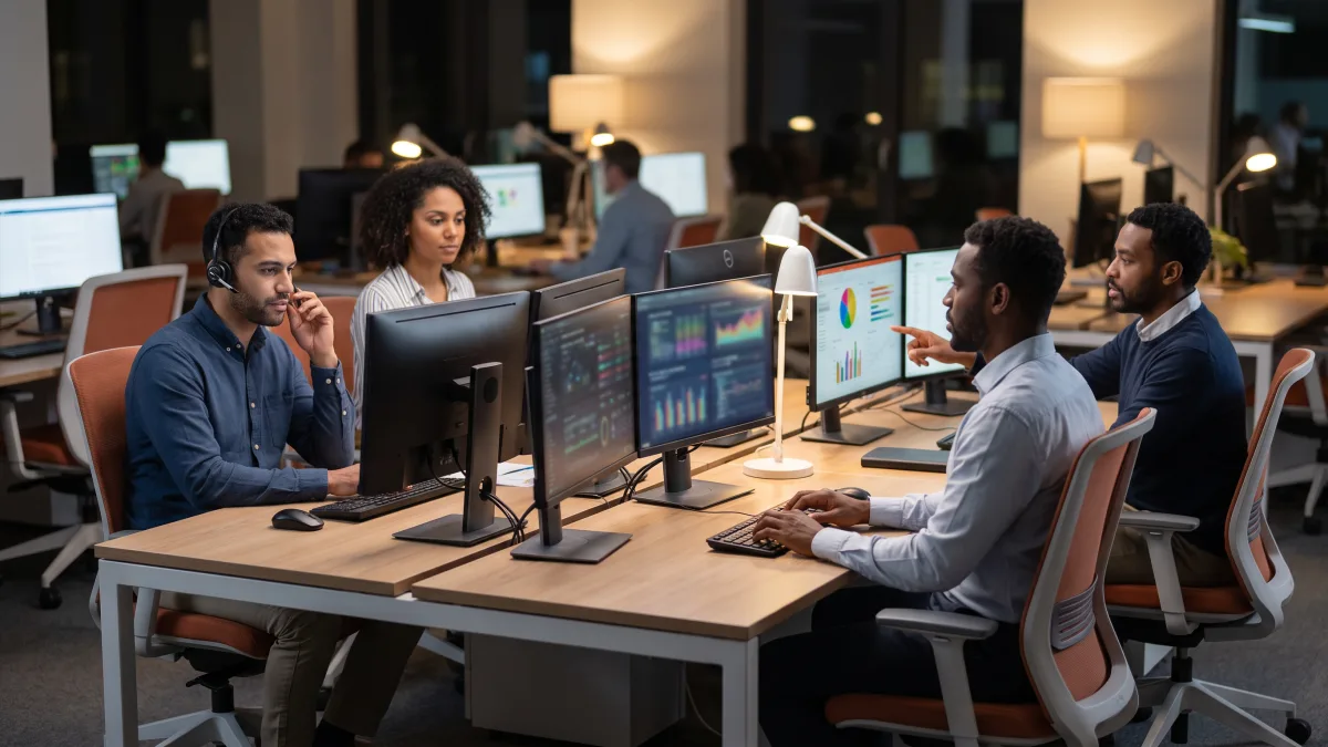 outsourced BPO team working a shift in an open-plan office monitoring social media analytics dashboards
