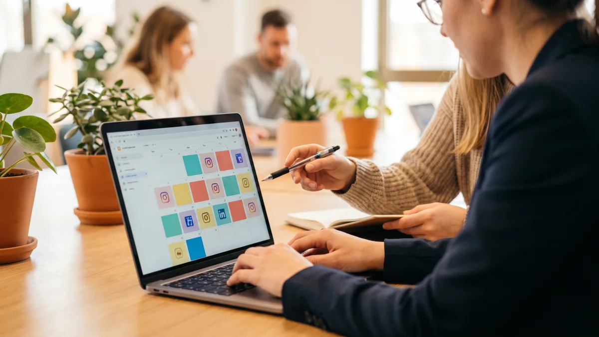two professionals reviewing a social media content calendar on a laptop in a modern office
